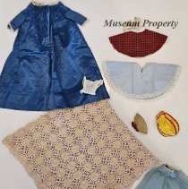 Assorted doll clothes and doll blanket