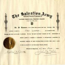 Eastern Territory Training College Certificate issued to Claire Lowman June 25,1935