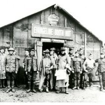 Veterans of WWI in front of Evangeline Booth Hut photograph