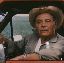 In Florida City, migrant farmer, Vincent Sanchez gazes from a truck.