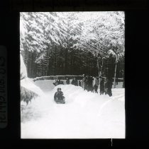 Children on sled with line of people