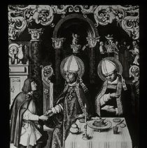 Two priests sitting at the table. Peasant (maybe) serving the one priest.