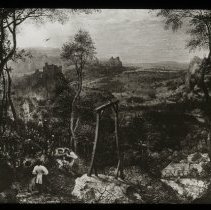 Viewpoint from on top of a hill. Group of people gathering next to an archw