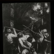 Image of a man in the middle of 4 men with swords. They seem to be at war w