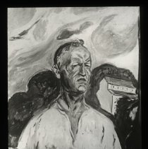 Drawing of a man holding a book with home in the background.