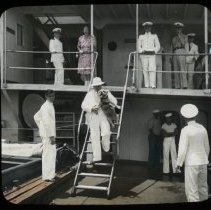 man carrying dog down stairs