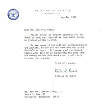 Sympathy ltr from the Sec. of the Army to the Craig family for son's death