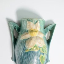 Clematis Wall Pocket in Ciel Blue with Low-Relief White Blossoms and Green Leaves