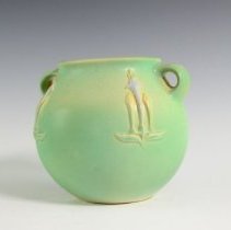 Green Experimental Vase with an Earlam Form and Applied and Stylized White Flowers