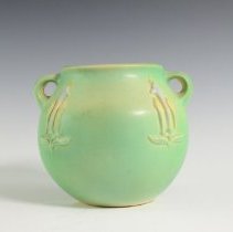 Green Experimental Vase with an Earlam Form and Applied and Stylized White 