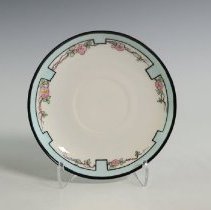 Hand-Decorated Cup and Saucer Featuring a Stylized Border and Roses