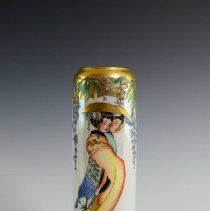 Hand Decorated Vase Featuring Wisteria and Geisha
