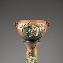 Magnolia Pedestal in Brown with Low-relief Blossoms and Branches on a Textu