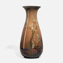Monumental Black Opal Vase Featuring a Rooster and Hen Under a Blooming Cherry Tree