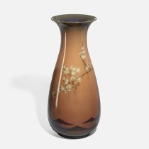 Monumental Black Opal Vase Featuring a Rooster and Hen Under a Blooming Che