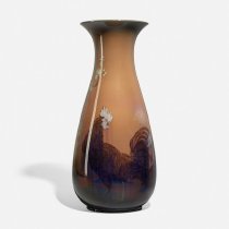 Monumental Black Opal Vase Featuring a Rooster and Hen Under a Blooming Che