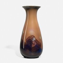 Monumental Black Opal Vase Featuring a Rooster and Hen Under a Blooming Che