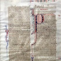 Vulgate Bible Manuscript Vellum Leaf Featuring a Full "P" Marginal Descender