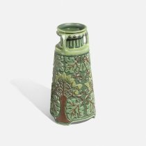 Della Robbia Three-Handled Vase Featuring Carved and Stylized Oak Trees