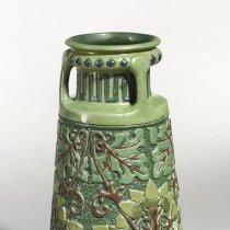 Della Robbia Three-Handled Vase Featuring Carved and Stylized Oak Trees