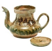 Teapot and Lid Featuring a Green and Brown Sponged Glaze Band