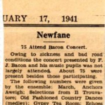 newspaper clipping/newfane bacon concert