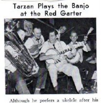 newspaper article/tarzan plays the banjo at the red garter