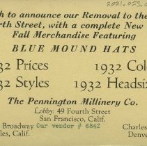 Pennington Millinery Co. promotional postcard