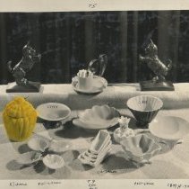 Bookends E-6,  Ashtray and cigarette holder T-5, Jar X-7, Comports 48-x, Comport C-2, Flower Frog F-2, Comport 848, Ashtray 927-F, Nesting Ashtrays T-9, Comport C-951, Comport C-809-x