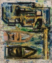 Oil pastel and collage abstract painting representing a dry dock viewed from overhead.