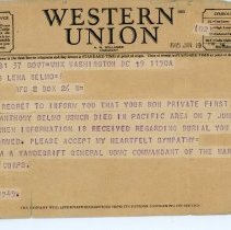 Telegram notifying Lena Selmo of death of son Anthony, World War II