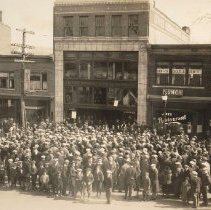 Crowd in front of Lyford Hardware Sporting Goods, East Main ca 1920s