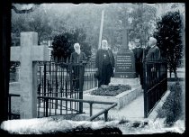 Father Maxime Andre, SS.CC., Bishop Libert Boeynaems, SS.CC., Father Martin Dornbusch, SS.CC., and F. Joyce at the grave of Father Damien De Veuster, SS.CC., Kalawao, Molokai, 1921.