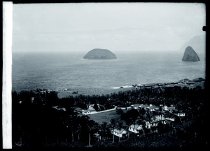 View of Baldwin Home and St Philomena Church, taken from heights, Kalawao, Molokai.
