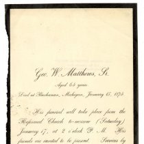 Invitation, Funeral 
George W. Matthews, Sr. (Schuyler Colfax's step-father)