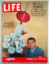 Life Magazine with Werner von Braun and moon rocket model on cover.  Headlines include "The U.S.S.R. celebrates Sputnik II in air."