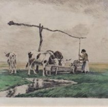 Print - cattle at well - Close-up