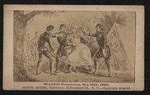 Jefferson Davis in women's clothing, surrounded by Union troops ["Historical Occurrence, May 10th, 1865."]