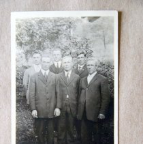 Charles Palmer [at right] with group of 5 men, standing outdoors