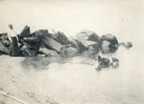 Unknown Woman and Dog Next to Beachrock