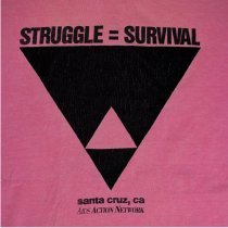 Shirt with graphic 'Struggle = Survival'.