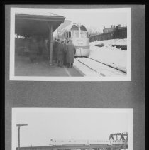 Flying Yankee (train) at station and crossing bridge