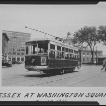 Essex Street at Washington Square, streetcar, 1936