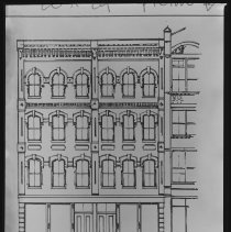 Architectural drawing, four-story building and adjacent building
