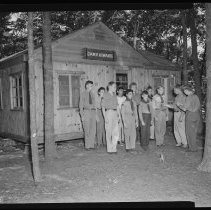 Lone Tree Scout Reservation, Boy Scouts in front of Kiwanis Cabin, 1951