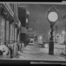 Street clock, snowy night, Merrimack Street, Haverhill