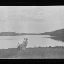 Elk statue and two children, Kenoza Lake, Winnekenni Park, Haverhill