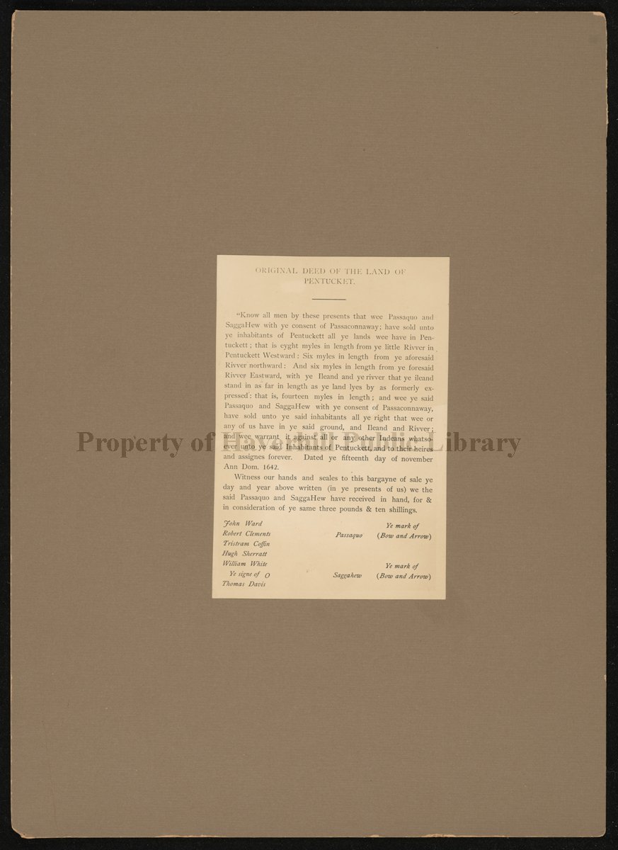Original deed of the land of Pentucket (text) Print, Photographic