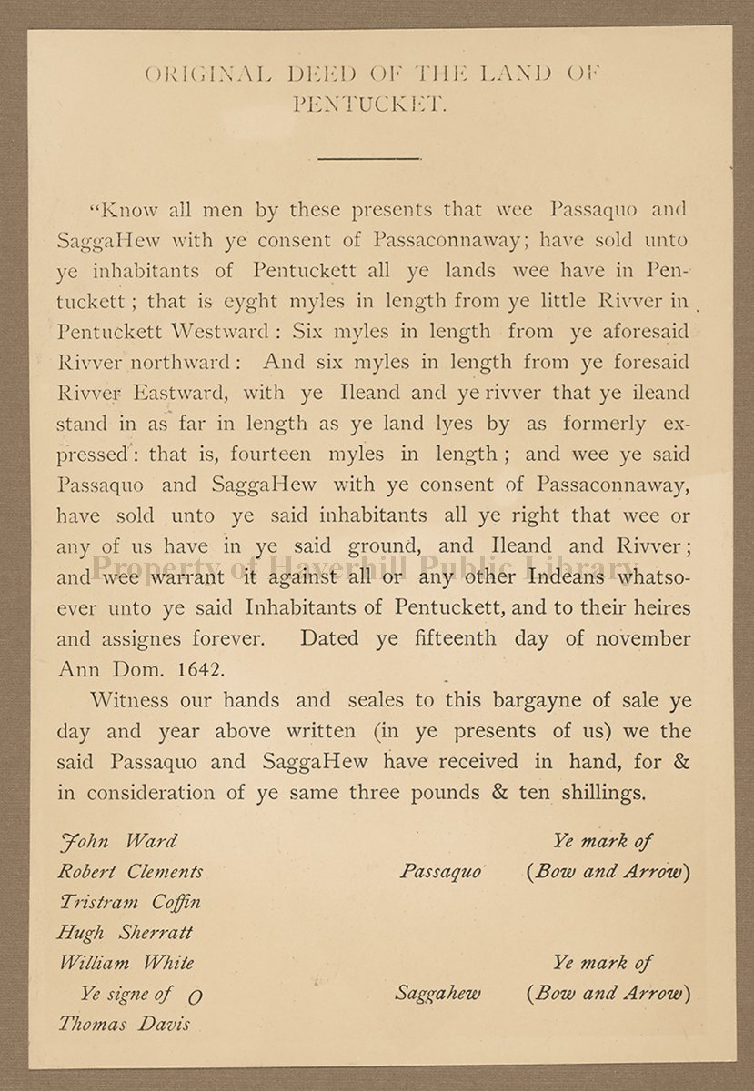 Original deed of the land of Pentucket (text) Print, Photographic