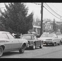 Gas shortage, line of cars waiting, Main Street, Dustin Sq. Haverhill, 1974